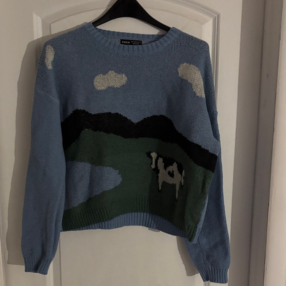 SHEIN Blue Scenic Cow Sweater